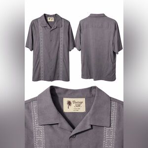 Vintage Silk Gray Short Sleeve Button-Up Shirt Cuban Style Size Large